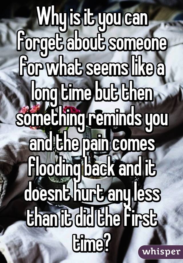 Why is it you can forget about someone for what seems like a long time but then something reminds you and the pain comes flooding back and it doesnt hurt any less than it did the first time?