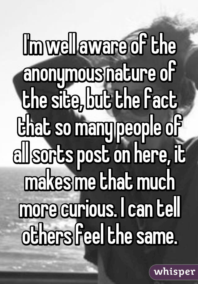 I'm well aware of the anonymous nature of the site, but the fact that so many people of all sorts post on here, it makes me that much more curious. I can tell others feel the same.