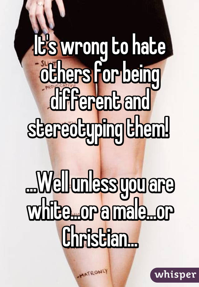 It's wrong to hate others for being different and stereotyping them! 

...Well unless you are white...or a male...or Christian...