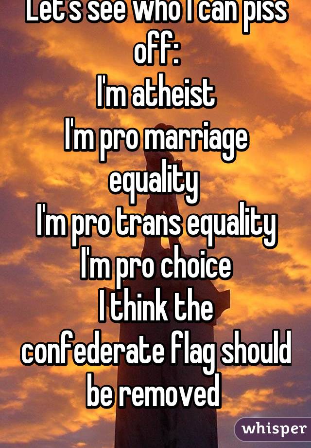 Let's see who I can piss off:
I'm atheist
I'm pro marriage equality 
I'm pro trans equality
I'm pro choice
I think the confederate flag should be removed 
