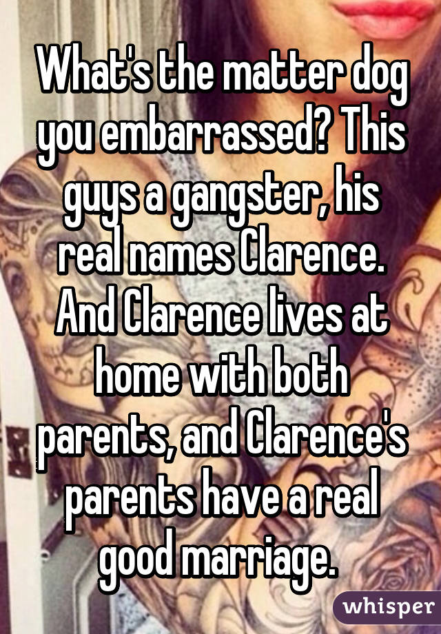 What's the matter dog you embarrassed? This guys a gangster, his real names Clarence. And Clarence lives at home with both parents, and Clarence's parents have a real good marriage. 