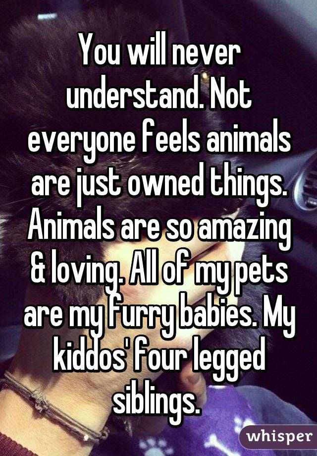 You will never understand. Not everyone feels animals are just owned things. Animals are so amazing & loving. All of my pets are my furry babies. My kiddos' four legged siblings. 