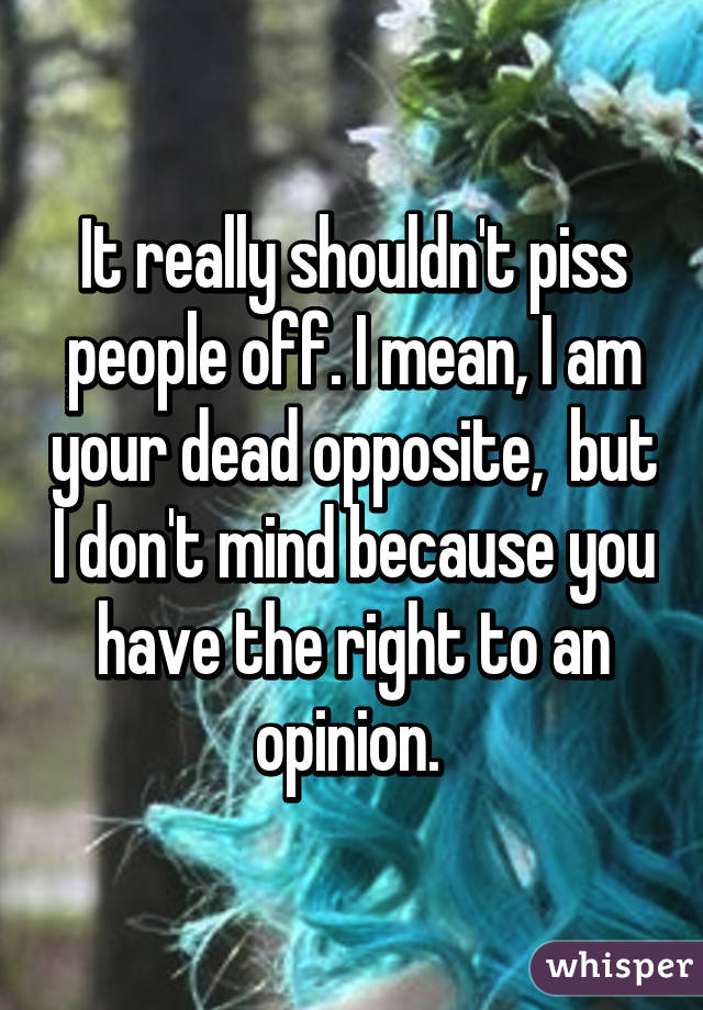 It really shouldn't piss people off. I mean, I am your dead opposite,  but I don't mind because you have the right to an opinion. 