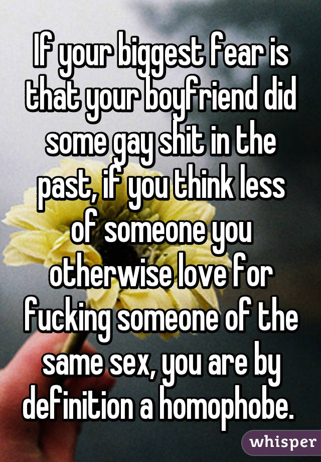 If your biggest fear is that your boyfriend did some gay shit in the past, if you think less of someone you otherwise love for fucking someone of the same sex, you are by definition a homophobe. 