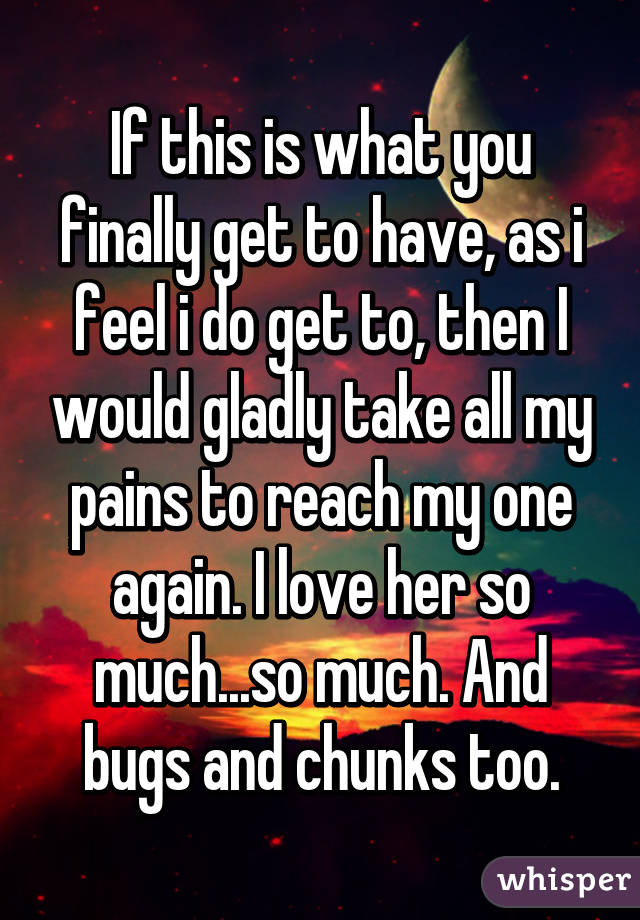 If this is what you finally get to have, as i feel i do get to, then I would gladly take all my pains to reach my one again. I love her so much...so much. And bugs and chunks too.