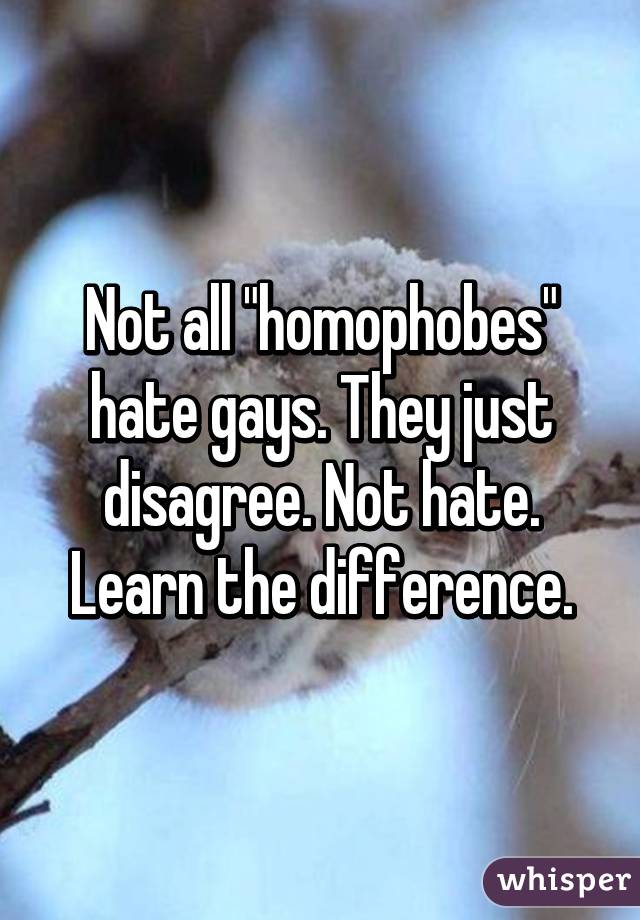 Not all "homophobes" hate gays. They just disagree. Not hate. Learn the difference.