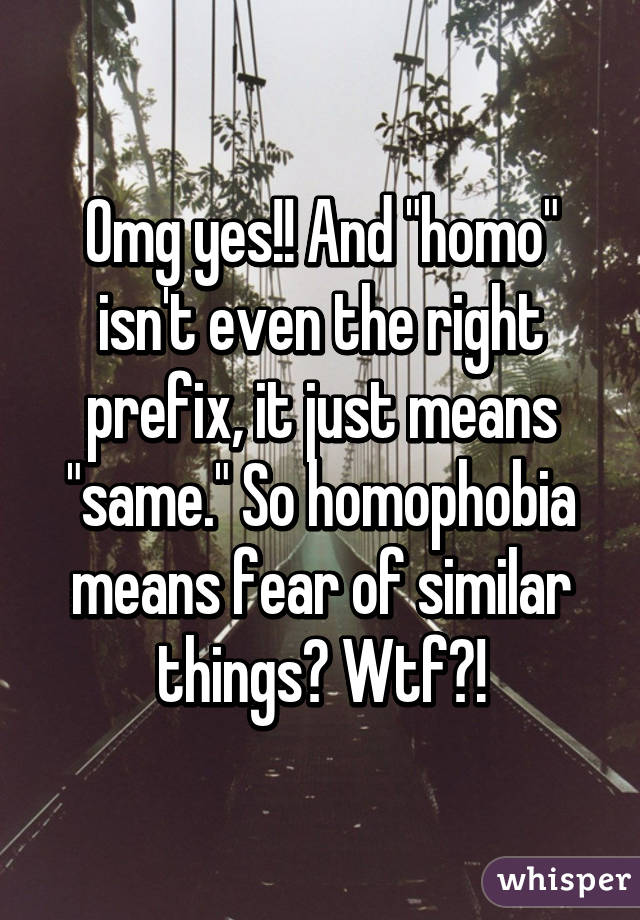 Omg yes!! And "homo" isn't even the right prefix, it just means "same." So homophobia means fear of similar things? Wtf?!