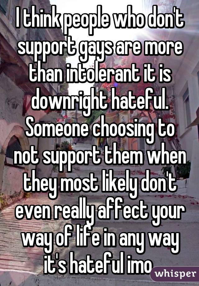I think people who don't support gays are more than intolerant it is downright hateful. Someone choosing to not support them when they most likely don't even really affect your way of life in any way it's hateful imo 
