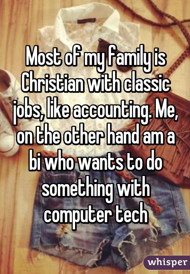 Most of my family is Christian with classic jobs, like accounting. Me, on the other hand am a bi who wants to do something with computer tech