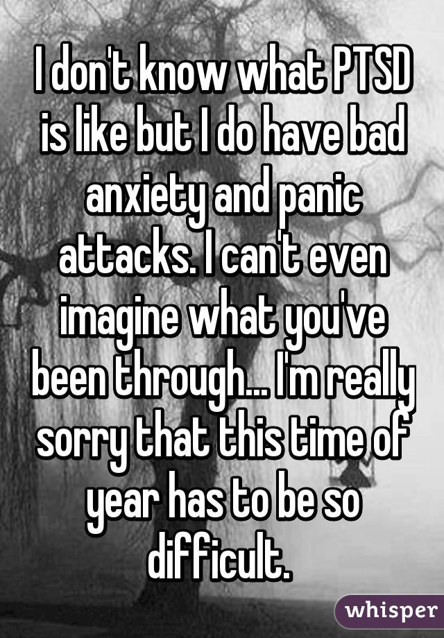 I don't know what PTSD is like but I do have bad anxiety and panic attacks. I can't even imagine what you've been through... I'm really sorry that this time of year has to be so difficult. 