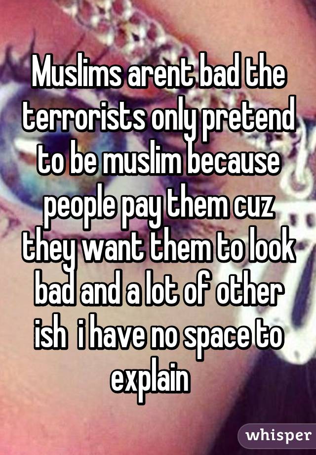 Muslims arent bad the terrorists only pretend to be muslim because people pay them cuz they want them to look bad and a lot of other ish  i have no space to explain   