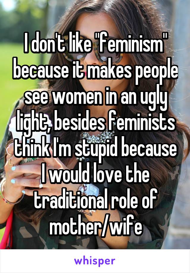 I don't like "feminism" because it makes people see women in an ugly light, besides feminists think I'm stupid because I would love the traditional role of mother/wife