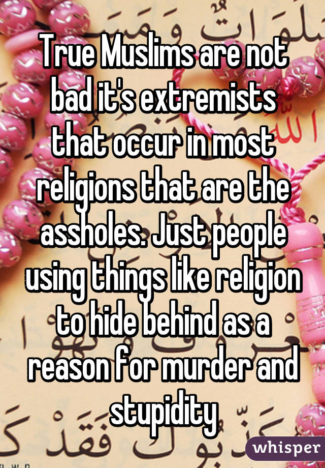 True Muslims are not bad it's extremists that occur in most religions that are the assholes. Just people using things like religion to hide behind as a reason for murder and stupidity