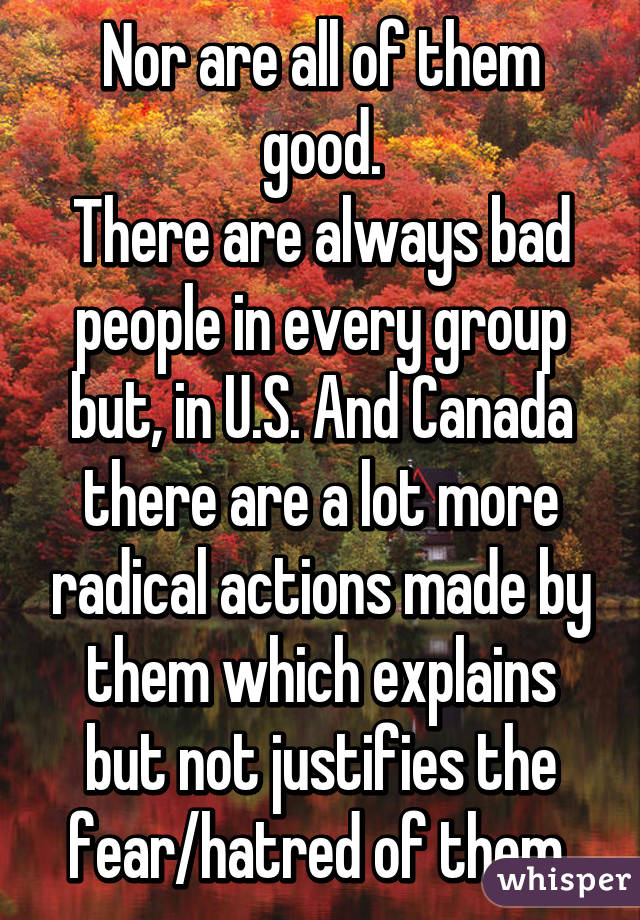 Nor are all of them good.
There are always bad people in every group but, in U.S. And Canada there are a lot more radical actions made by them which explains but not justifies the fear/hatred of them 