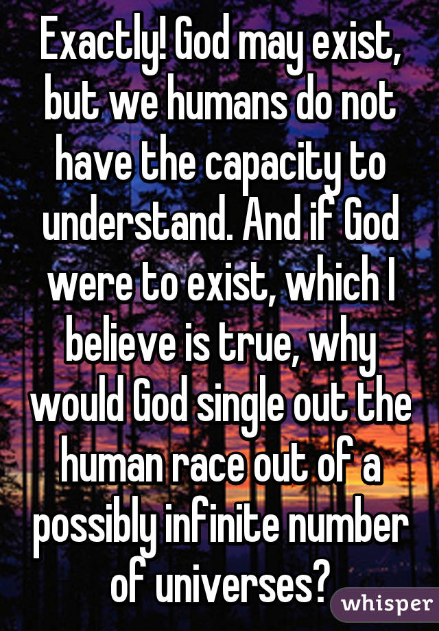 Exactly! God may exist, but we humans do not have the capacity to understand. And if God were to exist, which I believe is true, why would God single out the human race out of a possibly infinite number of universes?