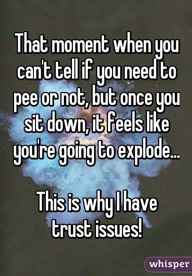 That moment when you can't tell if you need to pee or not, but once you sit down, it feels like you're going to explode...

This is why I have trust issues!