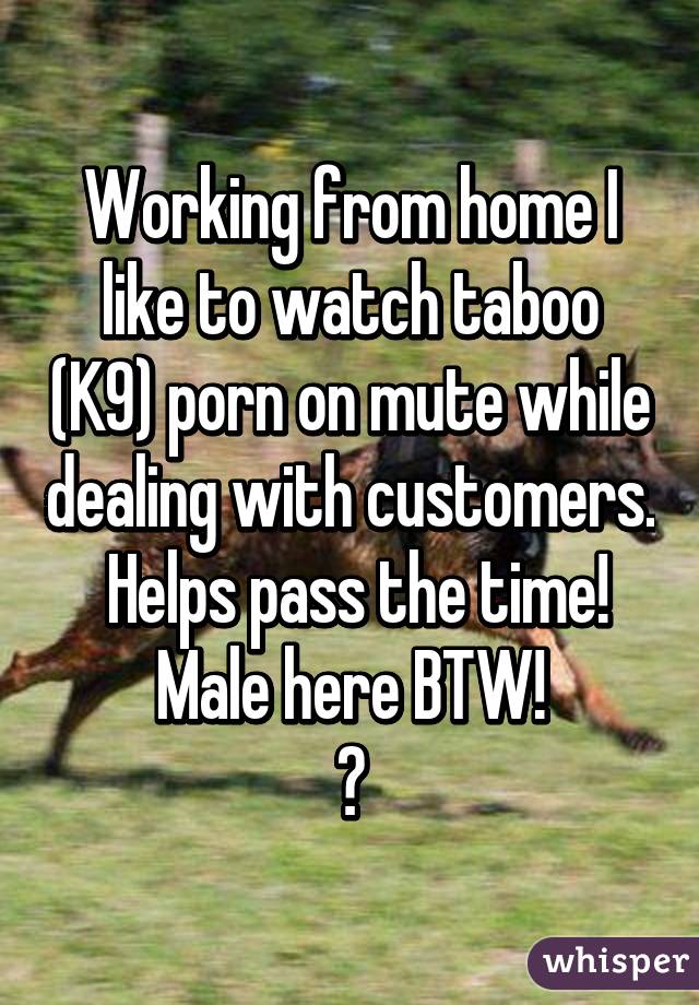 Working from home I like to watch taboo (K9) porn on mute while dealing with customers.  Helps pass the time!
Male here BTW!
😈
