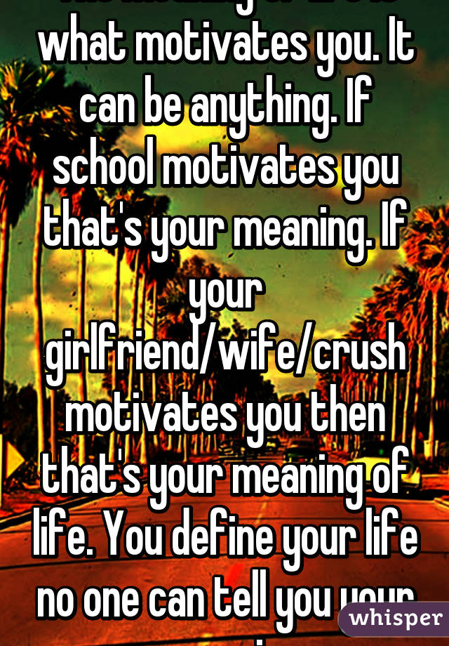The meaning of life is what motivates you. It can be anything. If school motivates you that's your meaning. If your girlfriend/wife/crush motivates you then that's your meaning of life. You define your life no one can tell you your meanin