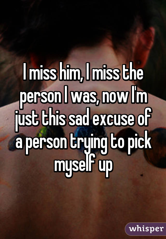 I miss him, I miss the person I was, now I'm just this sad excuse of a person trying to pick myself up