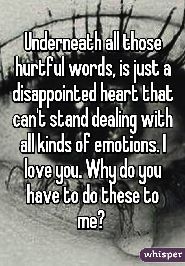 Underneath all those hurtful words, is just a disappointed heart that can't stand dealing with all kinds of emotions. I love you. Why do you have to do these to me? 