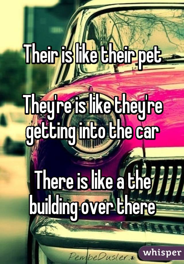 Their is like their pet

They're is like they're getting into the car

There is like a the building over there
