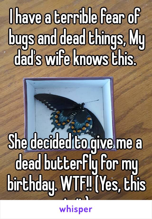 I have a terrible fear of bugs and dead things, My dad's wife knows this. 



She decided to give me a dead butterfly for my birthday. WTF!! (Yes, this is it)