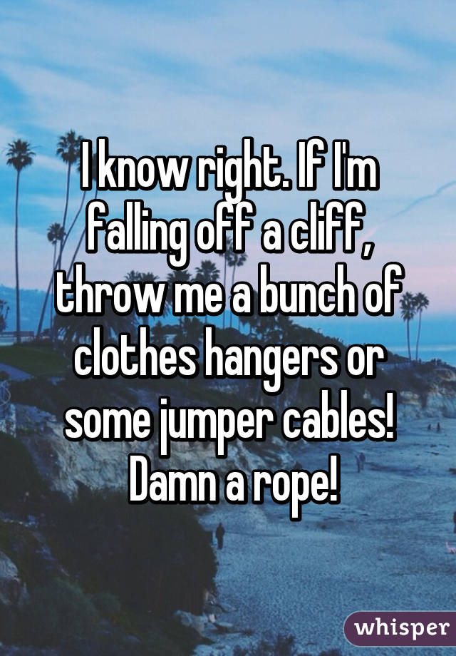I know right. If I'm falling off a cliff, throw me a bunch of clothes hangers or some jumper cables!
 Damn a rope!
