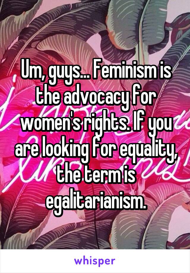 Um, guys... Feminism is the advocacy for women's rights. If you are looking for equality, the term is egalitarianism.