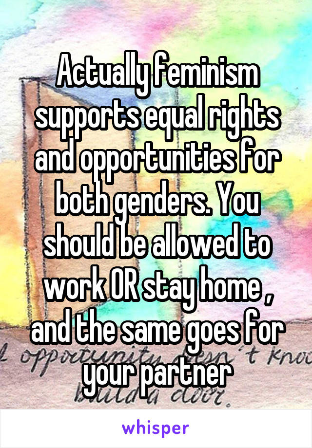 Actually feminism supports equal rights and opportunities for both genders. You should be allowed to work OR stay home , and the same goes for your partner