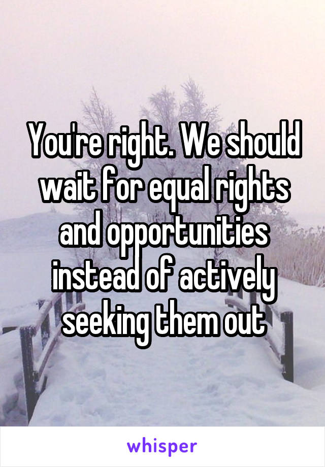 You're right. We should wait for equal rights and opportunities instead of actively seeking them out