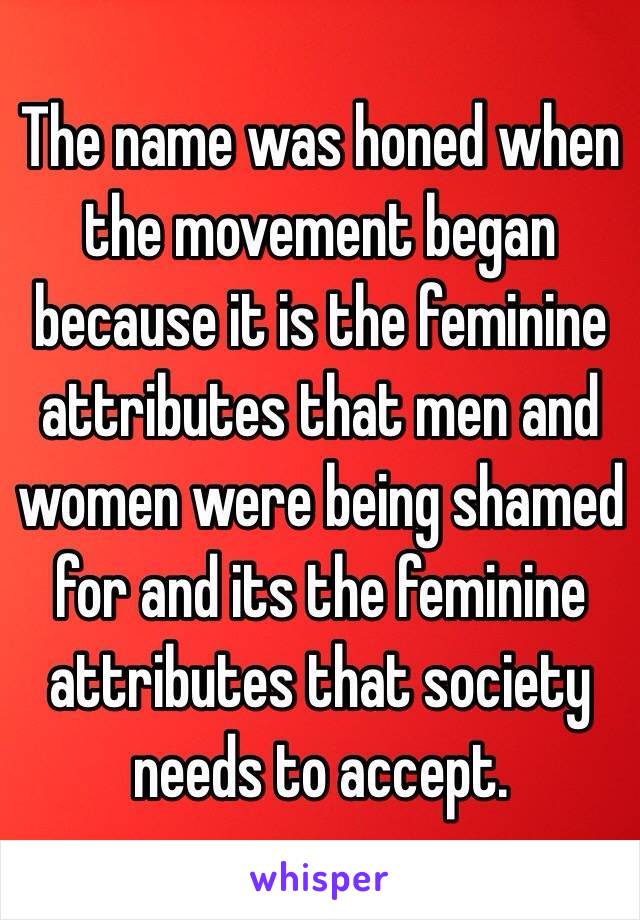The name was honed when the movement began because it is the feminine attributes that men and women were being shamed for and its the feminine attributes that society needs to accept.