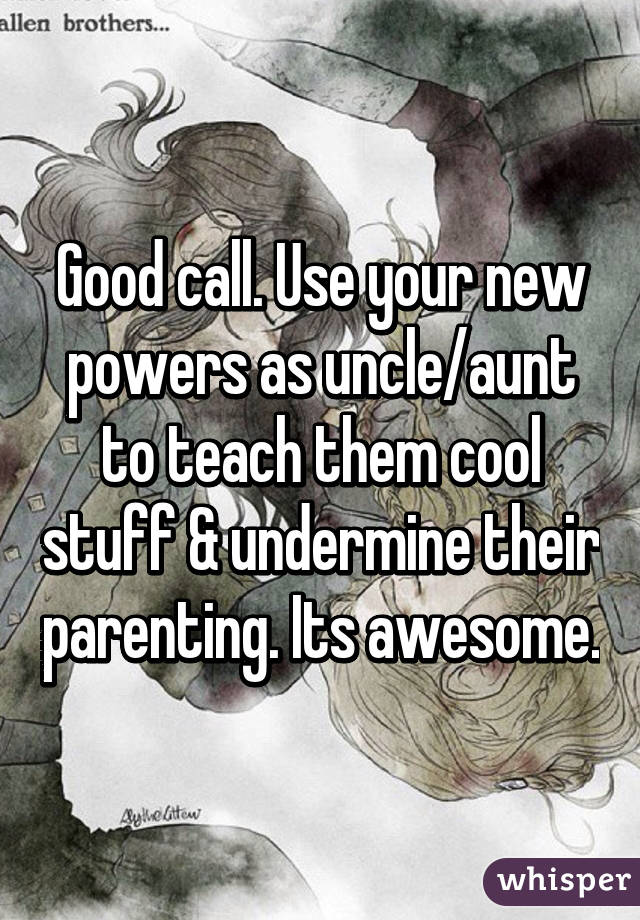 Good call. Use your new powers as uncle/aunt to teach them cool stuff & undermine their parenting. Its awesome.