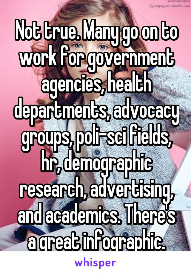 Not true. Many go on to work for government agencies, health departments, advocacy groups, poli-sci fields, hr, demographic research, advertising, and academics. There's a great infographic.