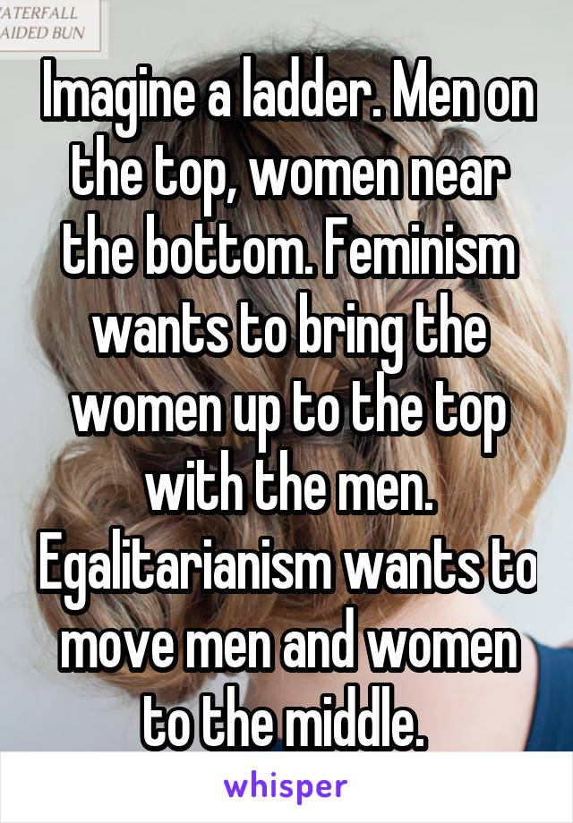 Imagine a ladder. Men on the top, women near the bottom. Feminism wants to bring the women up to the top with the men. Egalitarianism wants to move men and women to the middle. 