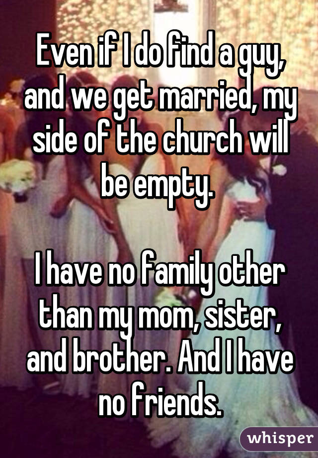 Even if I do find a guy, and we get married, my side of the church will be empty. 

I have no family other than my mom, sister, and brother. And I have no friends.