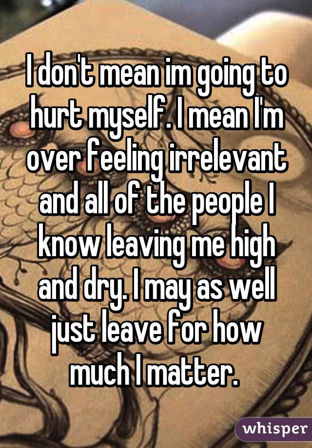 I don't mean im going to hurt myself. I mean I'm over feeling irrelevant and all of the people I know leaving me high and dry. I may as well just leave for how much I matter. 