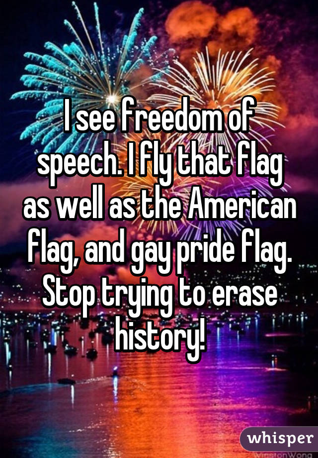 I see freedom of speech. I fly that flag as well as the American flag, and gay pride flag. Stop trying to erase history!