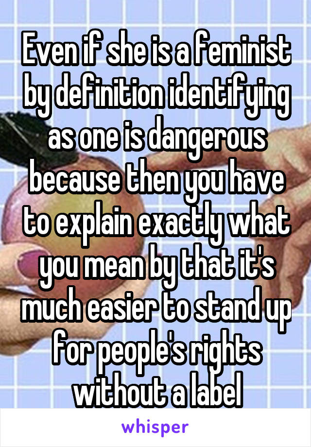 Even if she is a feminist by definition identifying as one is dangerous because then you have to explain exactly what you mean by that it's much easier to stand up for people's rights without a label