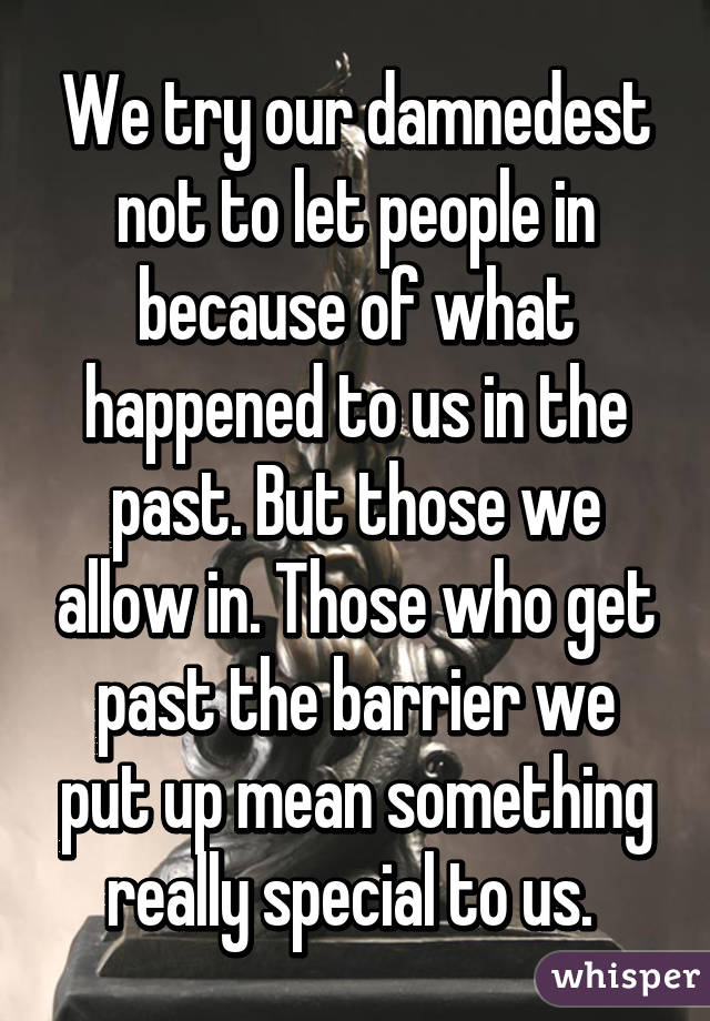 We try our damnedest not to let people in because of what happened to us in the past. But those we allow in. Those who get past the barrier we put up mean something really special to us. 