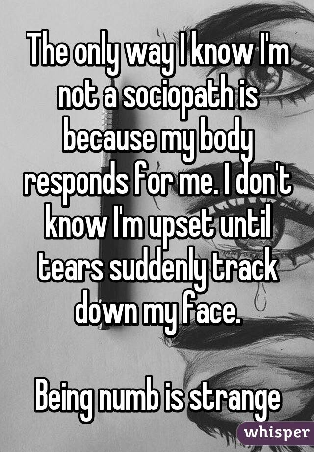 The only way I know I'm not a sociopath is because my body responds for me. I don't know I'm upset until tears suddenly track down my face.

Being numb is strange