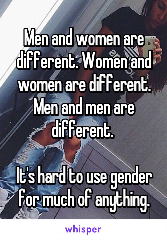 Men and women are different. Women and women are different. Men and men are different. 

It's hard to use gender for much of anything.