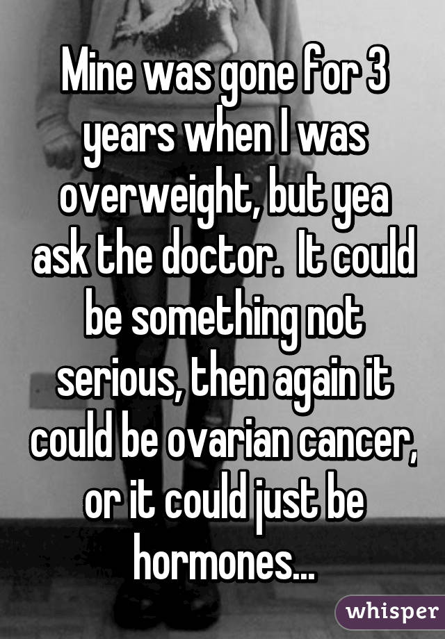 Mine was gone for 3 years when I was overweight, but yea ask the doctor.  It could be something not serious, then again it could be ovarian cancer, or it could just be hormones...