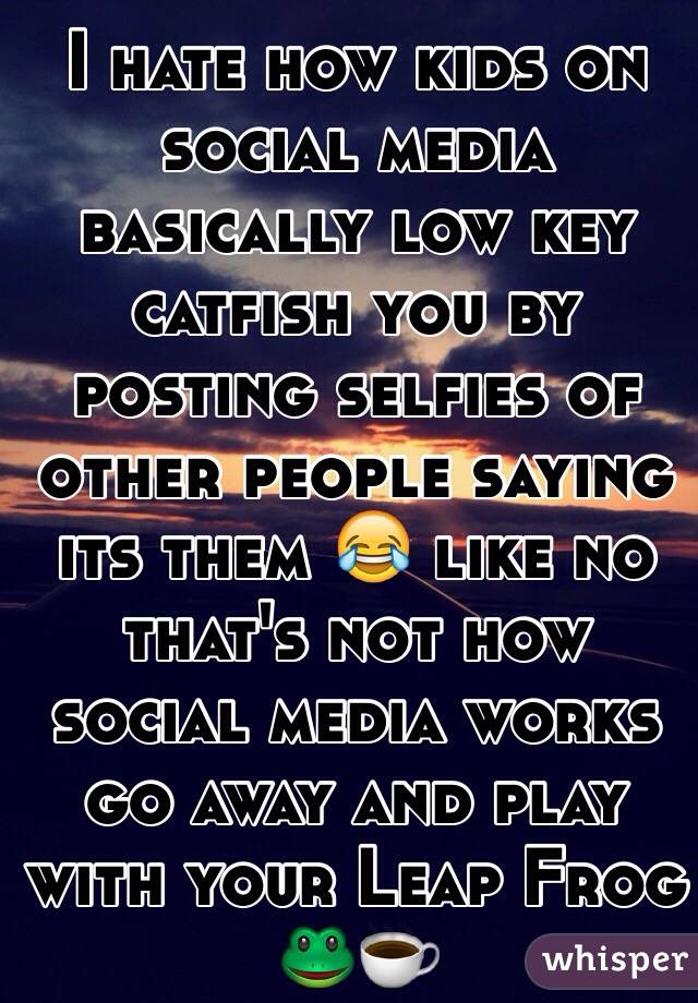 I hate how kids on social media basically low key catfish you by posting selfies of other people saying its them 😂 like no that's not how social media works go away and play with your Leap Frog 🐸☕️