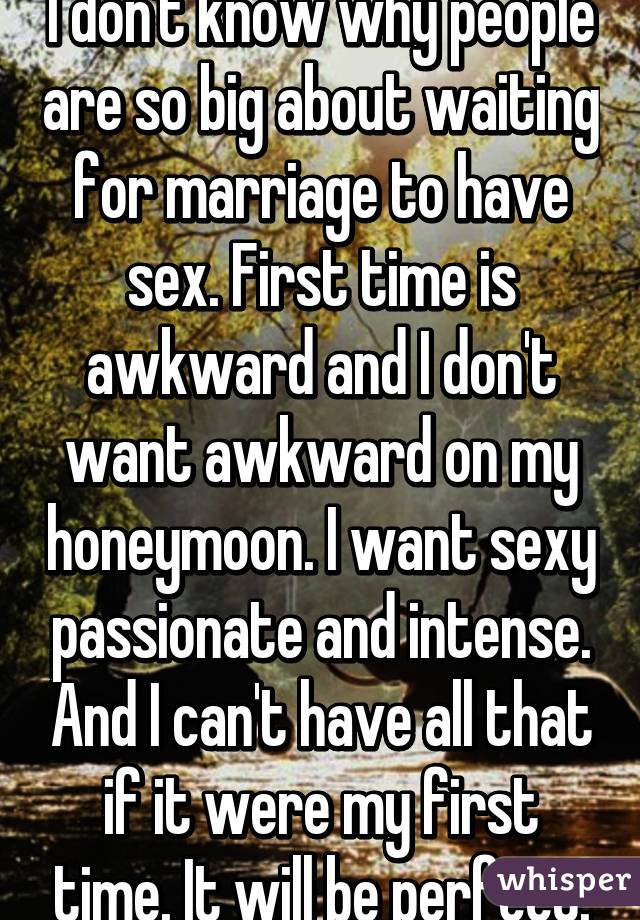 I don't know why people are so big about waiting for marriage to have sex. First time is awkward and I don't want awkward on my honeymoon. I want sexy passionate and intense. And I can't have all that if it were my first time. It will be perfect.