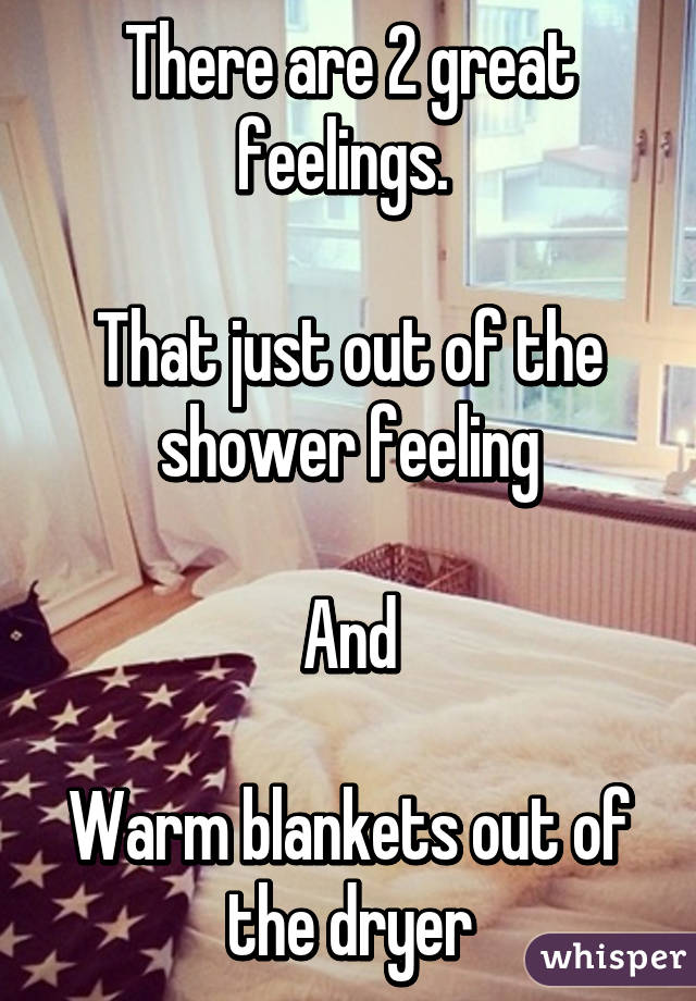 There are 2 great feelings. 

That just out of the shower feeling

And

Warm blankets out of the dryer