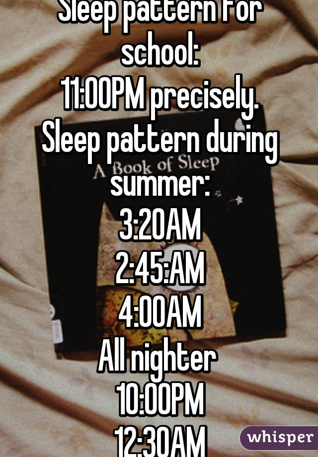 Sleep pattern for school:
11:00PM precisely.
Sleep pattern during summer:
3:20AM
2:45:AM
4:00AM
All nighter 
10:00PM
12:30AM