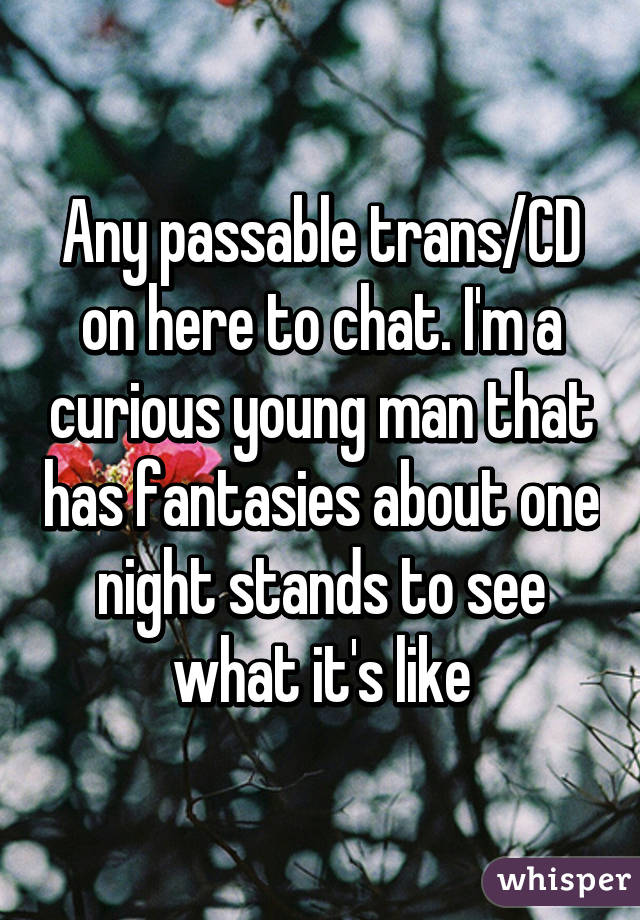 Any passable trans/CD on here to chat. I'm a curious young man that has fantasies about one night stands to see what it's like