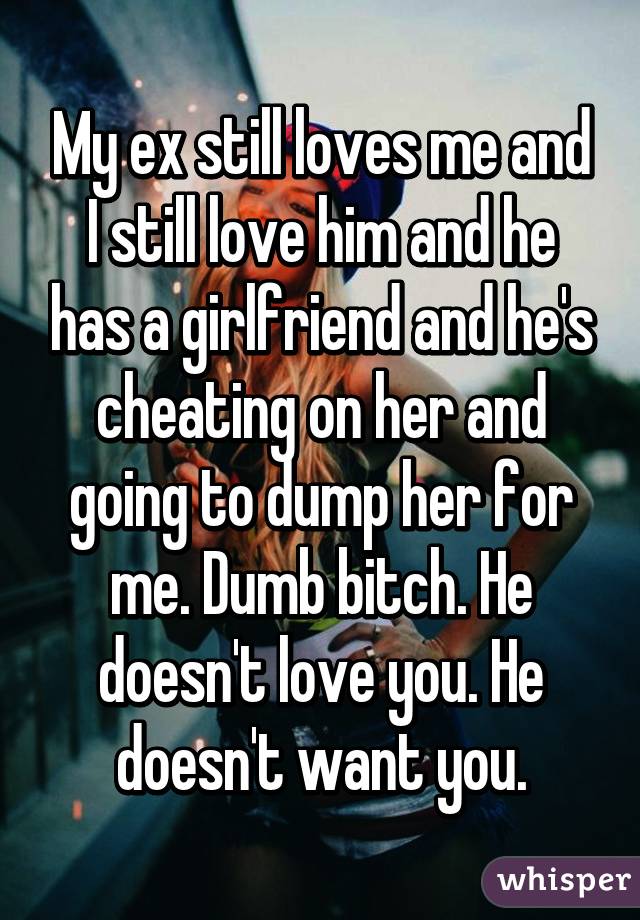 My ex still loves me and I still love him and he has a girlfriend and he's cheating on her and going to dump her for me. Dumb bitch. He doesn't love you. He doesn't want you.