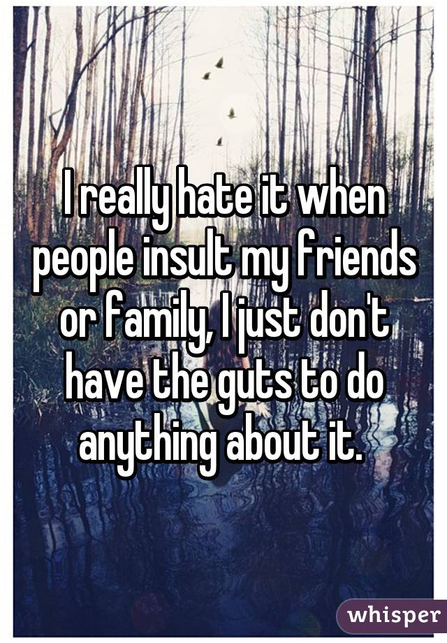 I really hate it when people insult my friends or family, I just don't have the guts to do anything about it. 