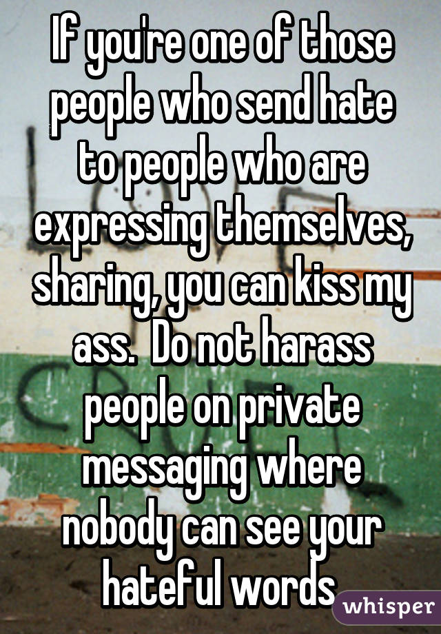 If you're one of those people who send hate to people who are expressing themselves, sharing, you can kiss my ass.  Do not harass people on private messaging where nobody can see your hateful words.